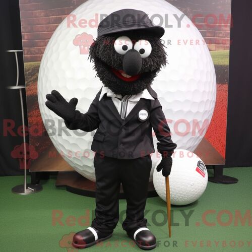 Personnage Mascotte Redbrokoly D Une Balle De Golf Noire Habillée D Un Blazer Et De Sacs Besaces