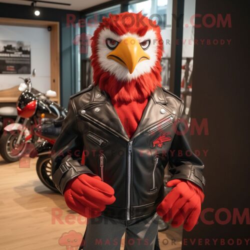 Personnage Mascotte Redbrokoly D Un Aigle Rouge Habillé D Une Veste Motard Et De Broches