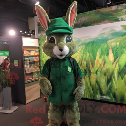Personnage Mascotte Redbrokoly D Un Lapin Sauvage Vert Forêt Habillé D Une Robe Droite Et De Bonnets