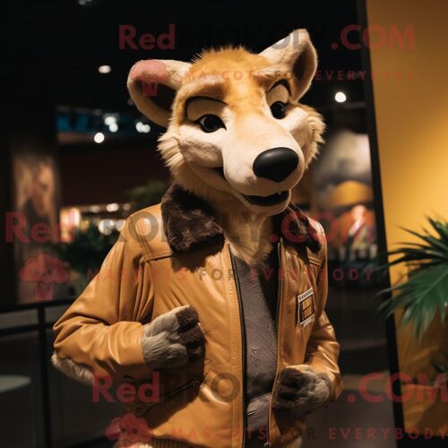 Costume Mascotte Redbrokoly De Thylacosmilus Doré Personnage Habillé D Une Veste En Cuir Et De Boucles D Oreilles