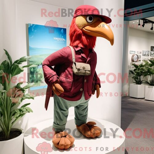 Costume De Mascotte Redbrokoly D Oiseau Dodo Rouge Personnage Habillé D Un Pantalon En Velours Côtelé Et D Épingles À Chapeau