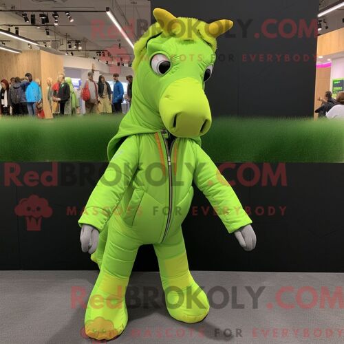 Costume De Mascotte Redbrokoly De Cheval Vert Citron Habillé D Une Veste Et De Coussinets De Pieds