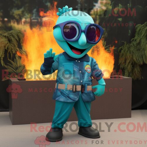 Costume De Mascotte Redbrokoly De Cracheur De Feu Bleu Sarcelle Habillé Avec Un Pantalon Cargo Et Des Lunettes De Soleil