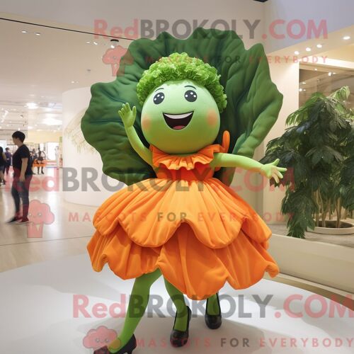 Costume De Mascotte Redbrokoly De Feuille De Chou Orange Personnage Habillé Avec Une Mini Robe Et Des Boucles D Oreilles