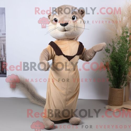 Costume Mascotte Redbrokoly De Mangouste Beige Habillé D Une Robe Fourreau Et De Pinces À Cheveux