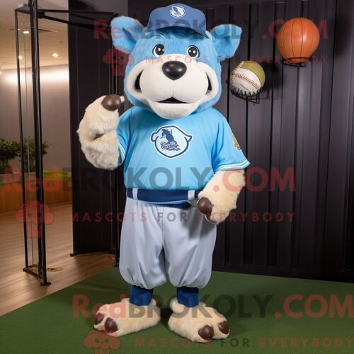Costume De Mascotte Redbrokoly De Bison Bleu Ciel Habillé D Un T-Shirt De Baseball Et De Pinces À Cheveux