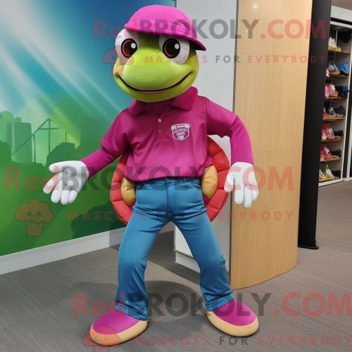 Personnage Mascotte Redbrokoly De Tortue De Mer Magenta Habillé Avec Un Jean Skinny Et Des Portefeuilles