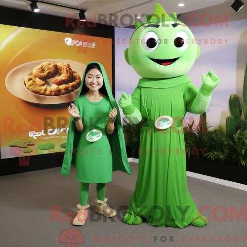 Costume De Mascotte Redbrokoly Pad Thai Vert Habillé D Une Robe Longue Et De Montres Intelligentes