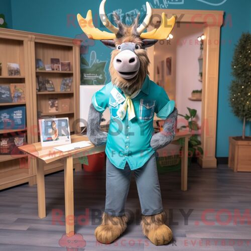 Costume De Mascotte Redbrokoly D Élan Irlandais Turquoise Habillé D Une Chemise En Jean Et De Cravates