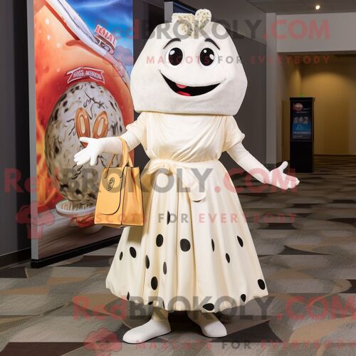 Costume Mascotte Redbrokoly De Pizza Blanche Personnage Habillé Avec Une Jupe Plissée Et Des Sacs À Main