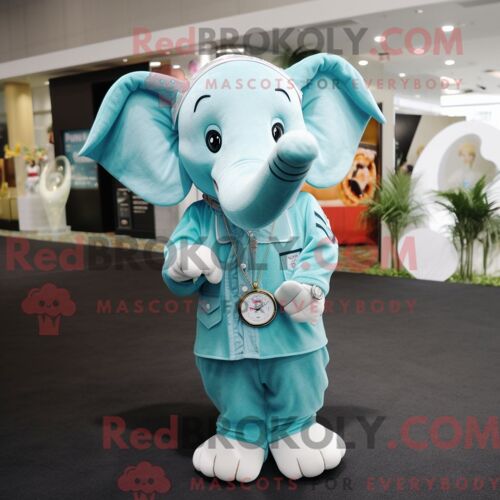 Personnage Mascotte Redbrokoly D Un Éléphant Cyan Habillé D Un Pantalon En Velours Côtelé Et De Montres Bracelet