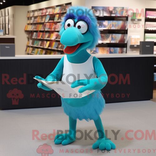 Personnage Mascotte Redbrokoly D Un Oiseau Dodo Cyan Habillé D Un Pantalon De Yoga Et De Lunettes De Lecture