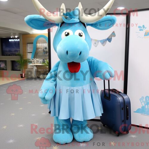 Costume Mascotte Redbrokoly D Élan Bleu Ciel Habillé Avec Une Jupe Longue Et Des Porte-Documents
