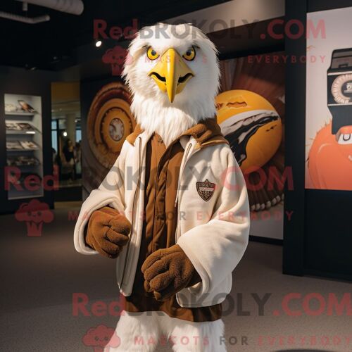 Personnage Mascotte Redbrokoly D Un Aigle Crème Habillé D Une Veste Et D Echarpes