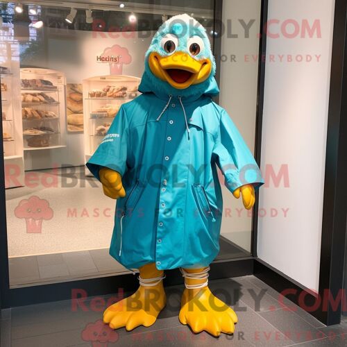 Personnage Mascotte Redbrokoly D Un Poulet Au Beurre Bleu Sarcelle Habillé D Un Imperméable Et De Lacets De Chaussures
