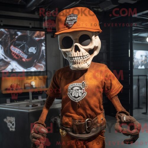 Personnage Mascotte Redbrokoly D Un Crâne De Rouille Habillé D Une Robe Droite Et De Casquettes
