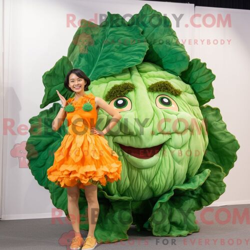 Costume De Mascotte Redbrokoly De Feuille De Chou Orange Personnage Habillé Avec Une Mini Robe Et Des Boucles D Oreilles