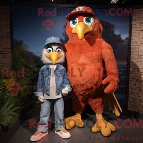 Costume Mascotte Redbrokoly D Aigle Rouille Personnage Habillé Avec Un Jean Maman Et Des Casquettes
