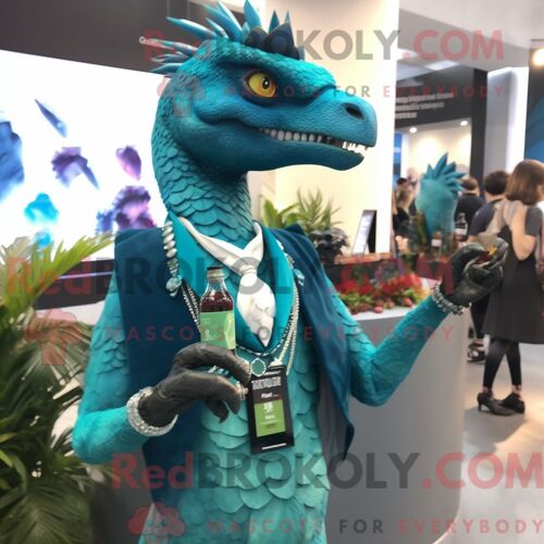 Costume Mascotte Redbrokoly D Utahraptor Turquoise Personnage Habillé D Une Robe De Cocktail Et De Montres Connectées