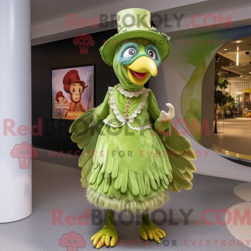Costume De Mascotte Redbrokoly De Dinde Vert Citron Habillé D Une Jupe Trapèze Et D Épingles À Chapeau