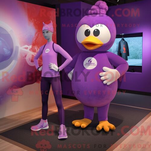 Personnage Mascotte Redbrokoly De Colombe Violette Habillé D Un Pantalon De Yoga Et De Montres