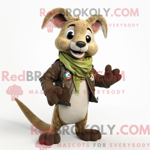 Costume Mascotte Redbrokoly De Kangourou Olive Habillé D Une Veste De Moto Et De Clips Pour Écharpe