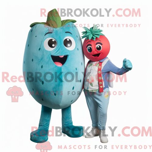 Personnage De Costume De Mascotte Redbrokoly De Fraise Sarcelle Habillé Avec Un Jean Boyfriend Et Des Ceintures De Smoking