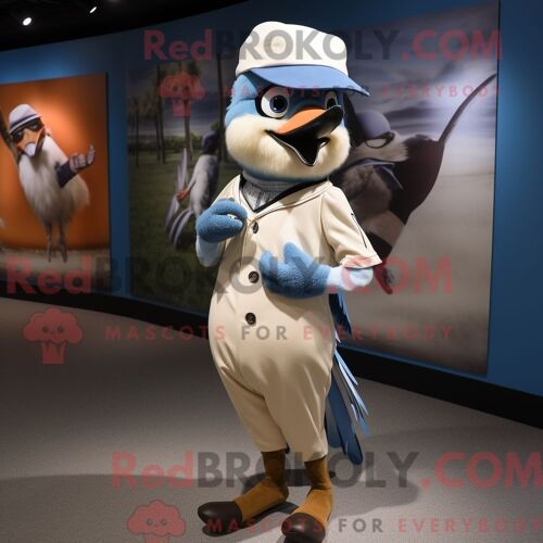 Costume De Mascotte Redbrokoly Tan Blue Jay Habillé D Une Chemise En Popeline Et De Ceintures De Smoking