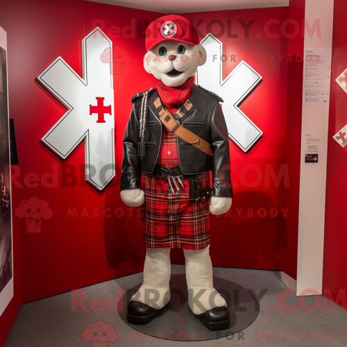 Personnage De Costume De Mascotte Redbrokoly De La Croix Celtique Rouge Habillé D Une Veste De Moto Et De Sacs Messager