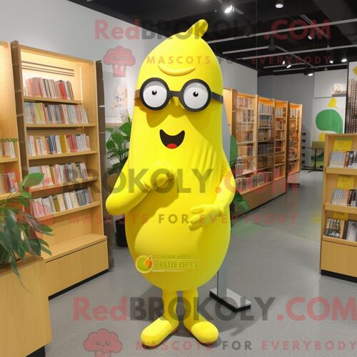 Costume De Mascotte Redbrokoly De Poivron Jaune Citron Habillé D Une Robe Droite Et De Lunettes De Lecture
