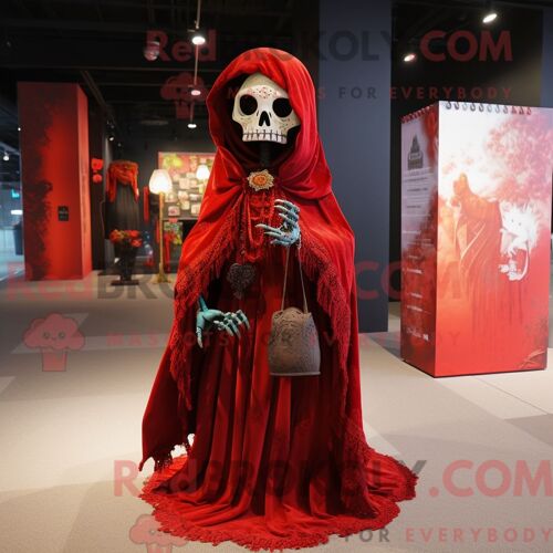 Costume De Mascotte Redbrokoly De Mort-Vivant Rouge Habillé D Un Chemisier Et De Châles