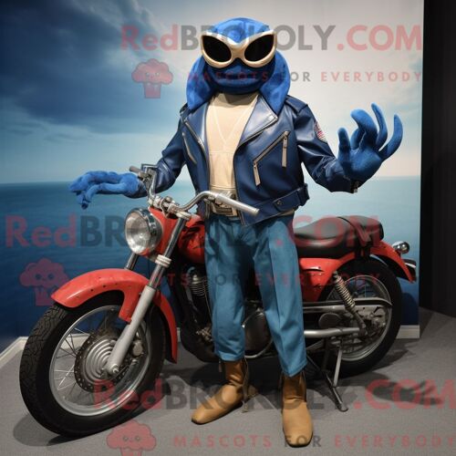 Personnage Mascotte Redbrokoly De Crabe Bleu Habillé Avec Une Veste De Moto Et Des Porte-Documents