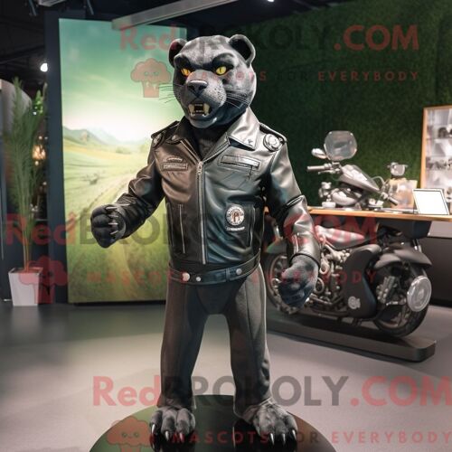 Costume Mascotte Redbrokoly De Panthère Olive Habillé D Une Veste De Motard Et De Boutons De Manchette