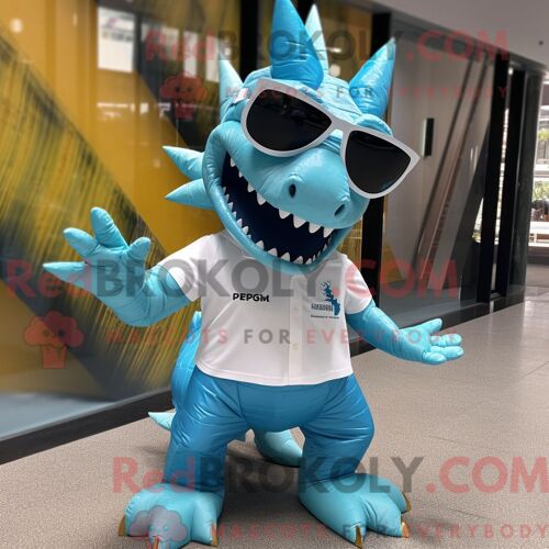 Costume De Mascotte Redbrokoly De Renne Bleu Sarcelle Habillé Avec Une Chemise Oxford Et Des Mitaines