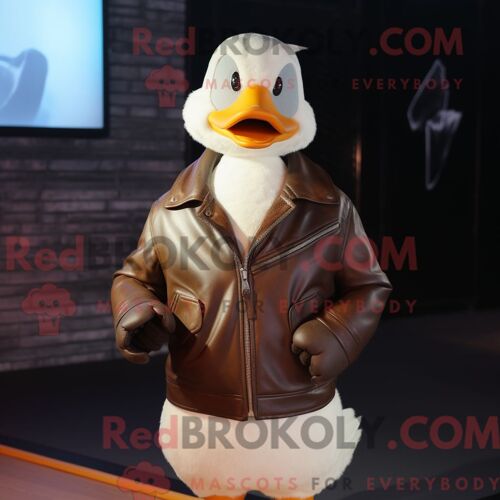 Costume De Mascotte Redbrokoly D Oie Crème Personnage Habillé D Une Veste En Cuir Et De Gants