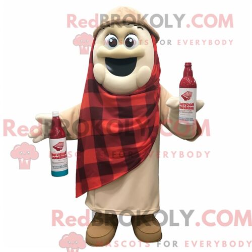 Personnage De Costume De Mascotte Redbrokoly De Bouteille De Ketchup Beige Habillé Avec Une Chemise En Flanelle Et Des Clips Pour Écharpe