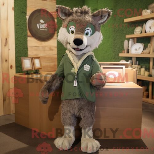 Costume De Mascotte Redbrokoly De Loup Olive Habillé D Un T-Shirt Henley Et De Broches