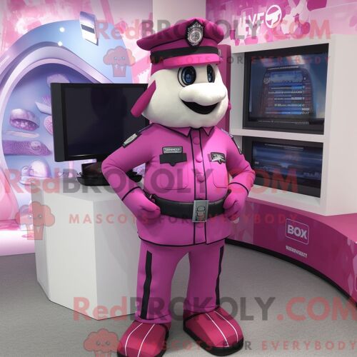 Mascotte Redbrokoly D Officier De Police Magenta Personnage Habillé Avec Un Pantalon De Jogging Et Des Lacets De Chaussures