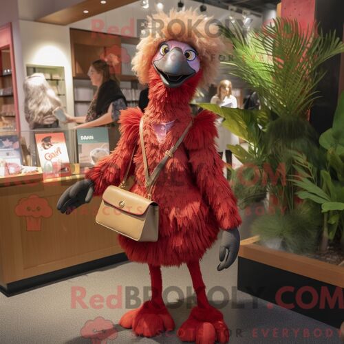 Costume De Mascotte Redbrokoly D Émeu Rouge Habillé D Une Combishort Et De Sacs À Main