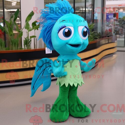 Costume De Mascotte Redbrokoly De Poisson Betta Turquoise Personnage Habillé D Une Robe Fourreau Et De Lacets De Chaussures