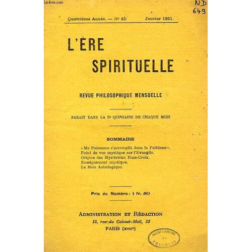 L'ere Spirituelle, 4e Annee, N° 43, Jan. 1931, Revue Philosophique Mensuelle