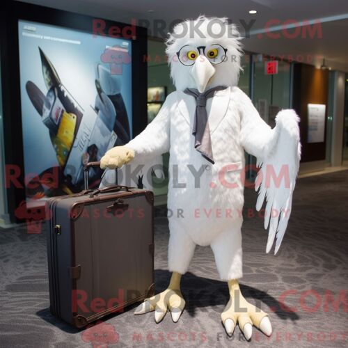 Mascotte Redbrokoly De Harpie Blanche Personnage Habillé Avec Un Pantalon Habillé Et Des Porte-Documents