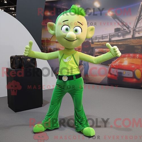 Costume Mascotte Redbrokoly Acrobat Vert Forêt Personnage Habillé Avec Un Jean Évasé Et Des Porte-Documents