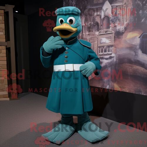 Costume Mascotte Redbrokoly De Soldat Bleu Sarcelle Habillé Avec Une Robe Et Des Mitaines