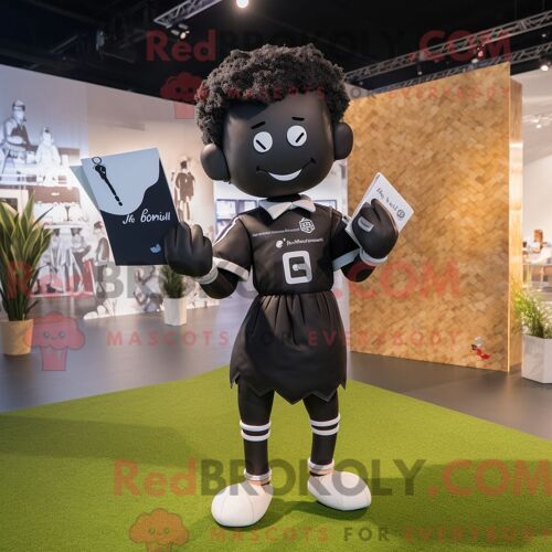 Costume Mascotte Redbrokoly De Lettre D Amour Noire Personnage Habillé Avec Une Chemise De Rugby Et Des Sacs À Dos