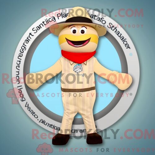 Personnage De Costume De Mascotte Redbrokoly De Spinner À Plaque Beige Habillé D Un Maillot De Bain Et De Bretelles