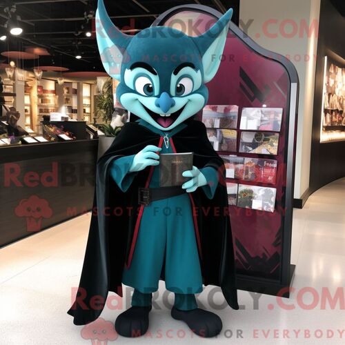 Costume De Mascotte Redbrokoly De Vampire Bleu Sarcelle Habillé D Une Chemise Henley Et De Pochettes
