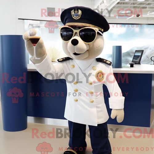 Costume Mascotte Redbrokoly De Champagne Bleu Marine Habillé Avec Une Barboteuse Et Des Lunettes De Soleil