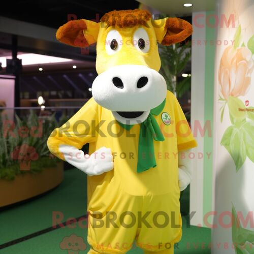 Costume De Mascotte Redbrokoly De Vache De Guernesey Jaune Citron Personnage Habillé D Un Bermuda Et De Châles