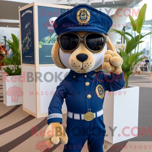Costume Mascotte Redbrokoly De Champagne Bleu Marine Habillé Avec Une Barboteuse Et Des Lunettes De Soleil